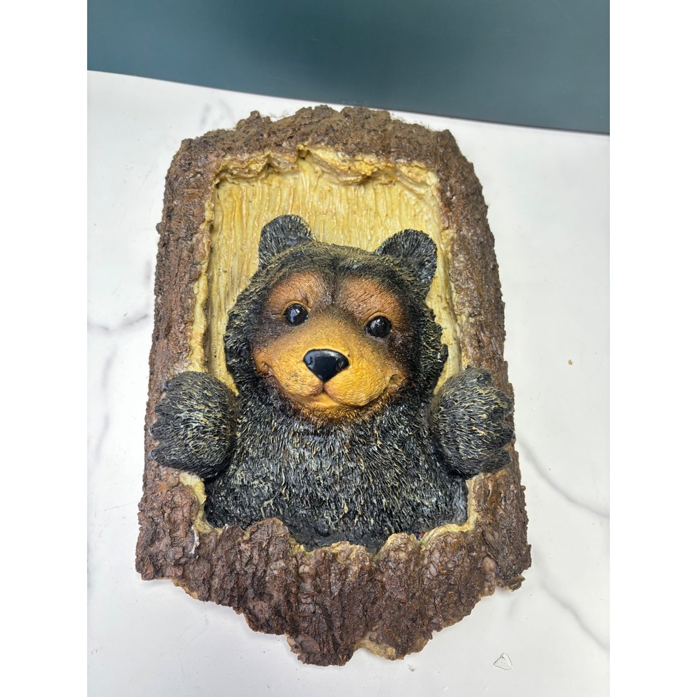 Black Bear Peeking from Log Wall Plaque Resin Cabin Lodge Woodland Decor 10in